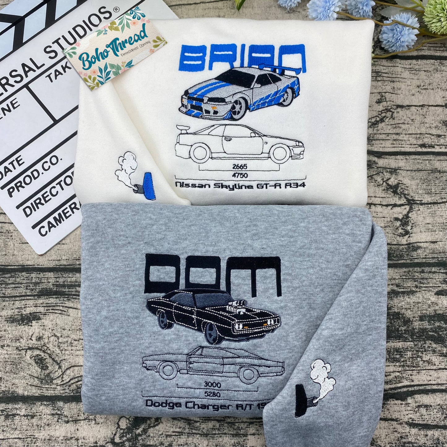 Fast & Furious Brian's Skyline & Dom's Charger Embroidered Couple Sweatshirts, Hoodies & T-shirts