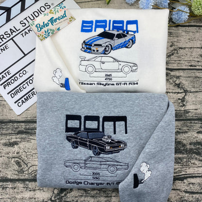 Fast & Furious Brian's Skyline & Dom's Charger Embroidered Couple Sweatshirts, Hoodies & T-shirts