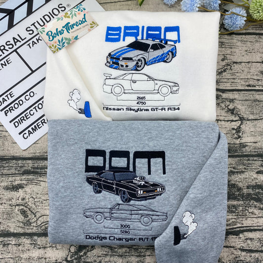 Fast & Furious Brian's Skyline & Dom's Charger Embroidered Couple Sweatshirts, Hoodies & T-shirts