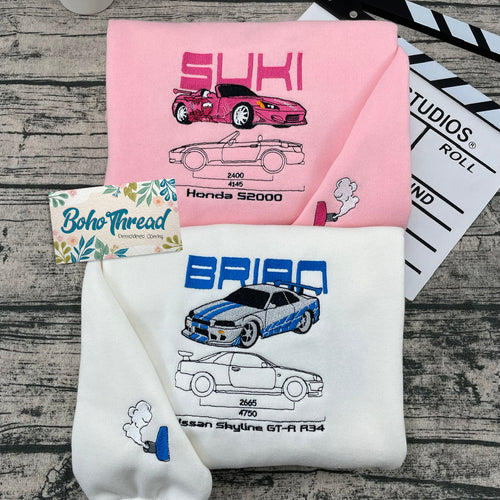 2 Fast 2 Furious Brian & Suki Embroidered Car Couple Sweatshirts, Hoodies & T-shirts