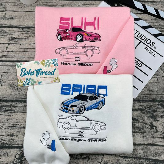 2 Fast 2 Furious Brian & Suki Embroidered Car Couple Sweatshirts, Hoodies & T-shirts