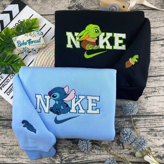 Grogu (Baby Yoda) & Stitch Embroidered Couple Sweatshirts, Hoodies & T-shirts