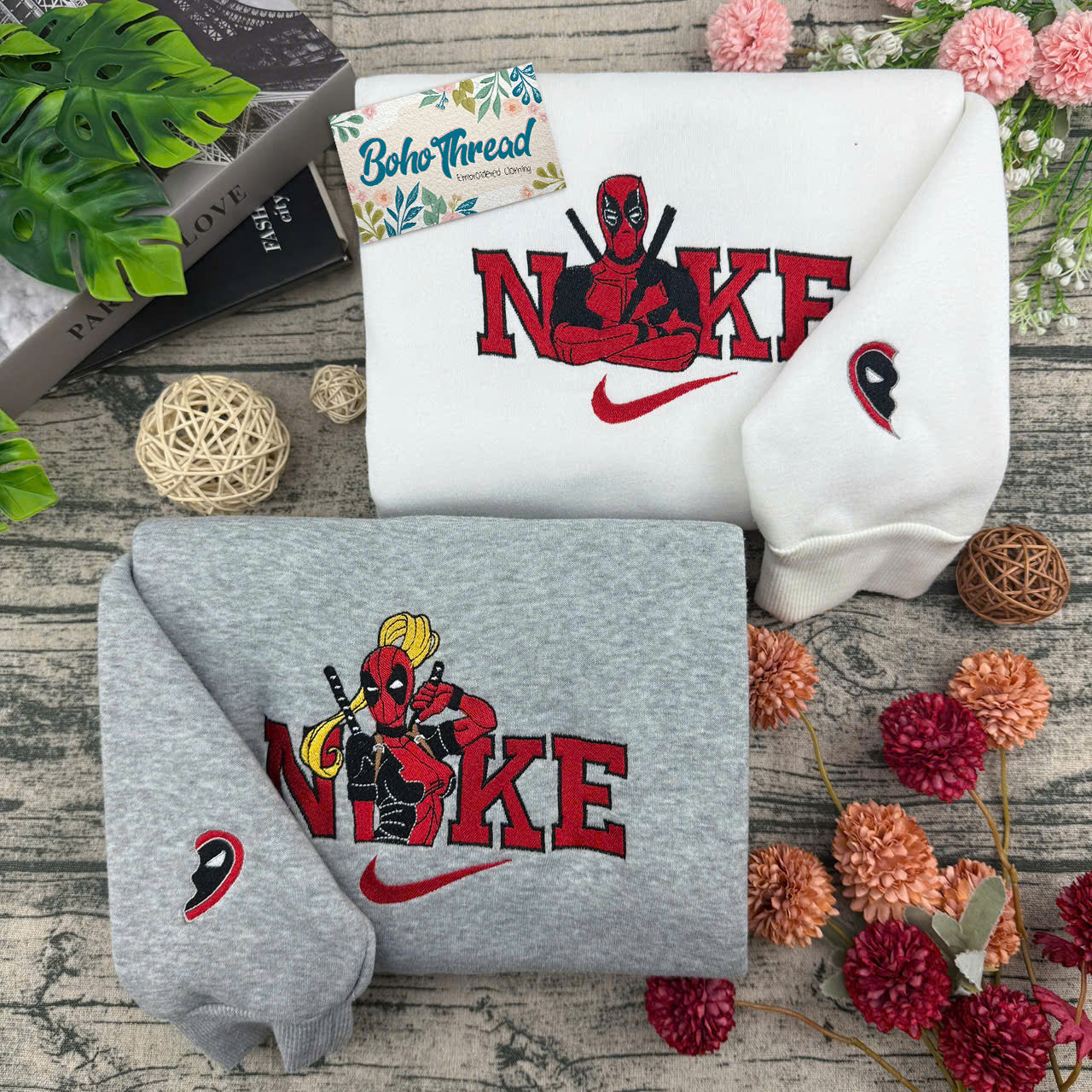 Deadpool & Lady Deadpool Embroidered Couple Sweatshirts, Hoodies & T-shirts