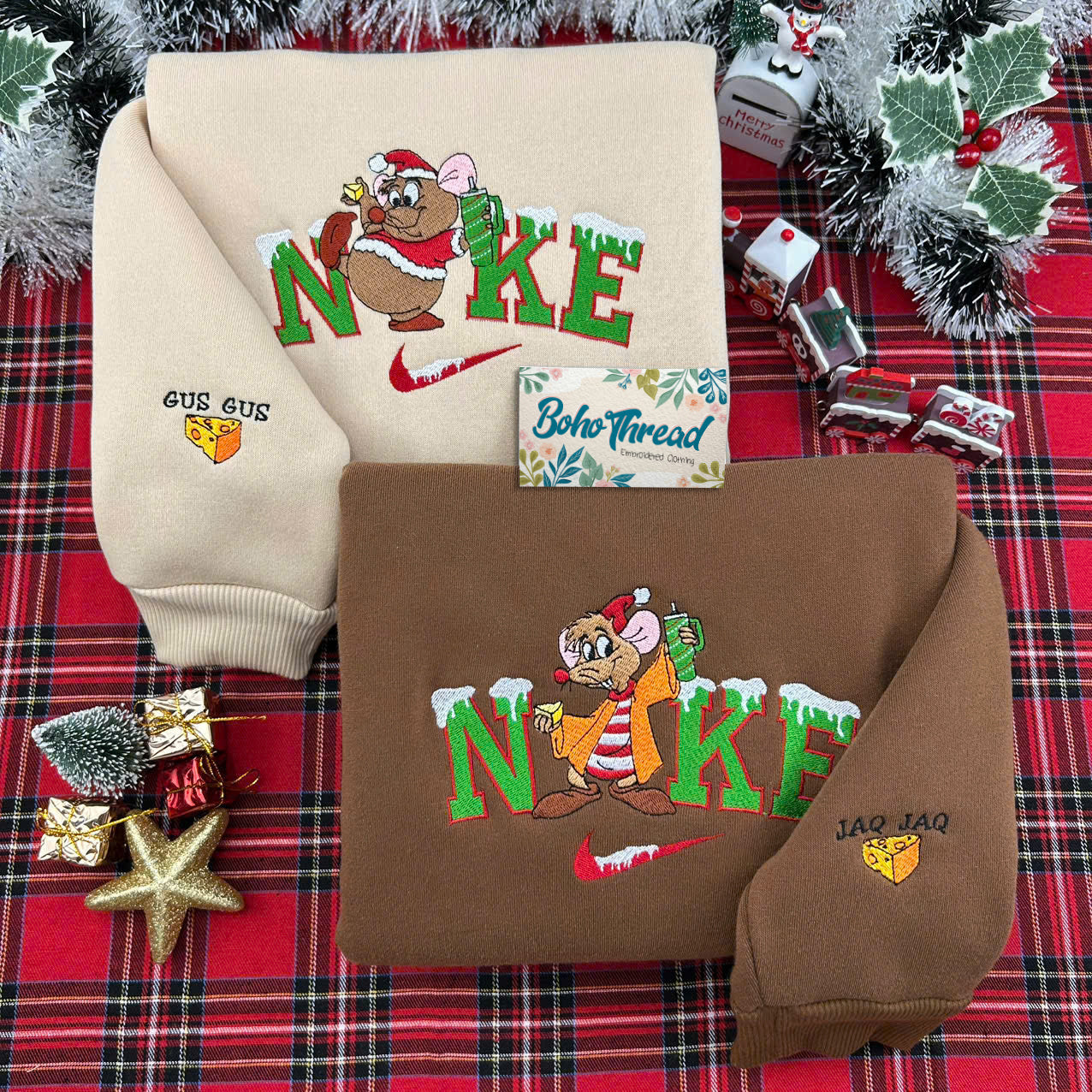 Christmas Cinderella Jaq & Gus Embroidered Couple Sweatshirts, Hoodies & T-shirts