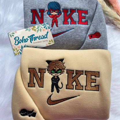 Chibi Miraculous Ladybug & Cat Noir Embroidered Couple Sweatshirts, Hoodies & T-shirts