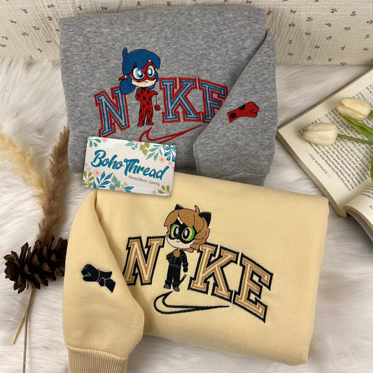 Chibi Miraculous Ladybug & Cat Noir Embroidered Couple Sweatshirts, Hoodies & T-shirts