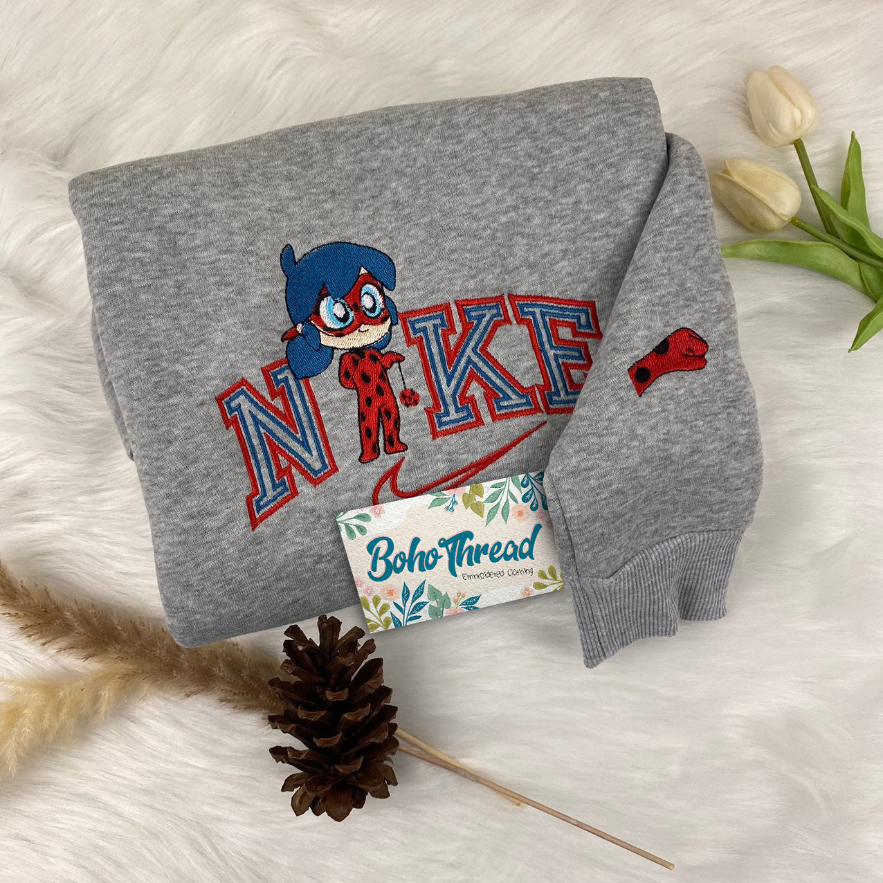 Chibi Miraculous Ladybug & Cat Noir Embroidered Couple Sweatshirts, Hoodies & T-shirts