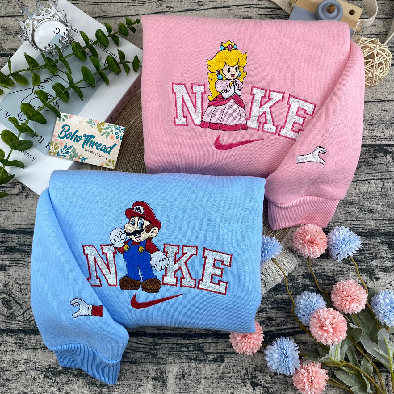 Super Mario Bros. Mario & Peach Embroidered Couple Sweatshirts, Hoodies & T-shirts