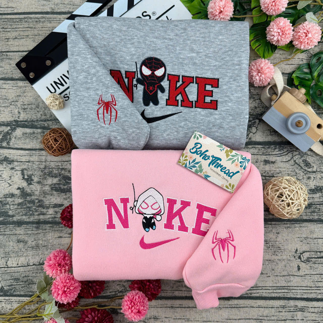 Chibi Spider-Verse Miles & Gwen Embroidered Couple Sweatshirts, Hoodies & T-shirts