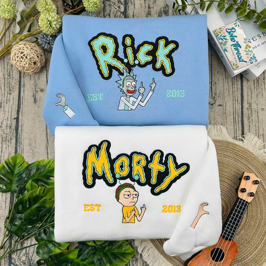 Personalized Rick and Morty Name Embroidered Couple Sweatshirts, Hoodies & T-shirts