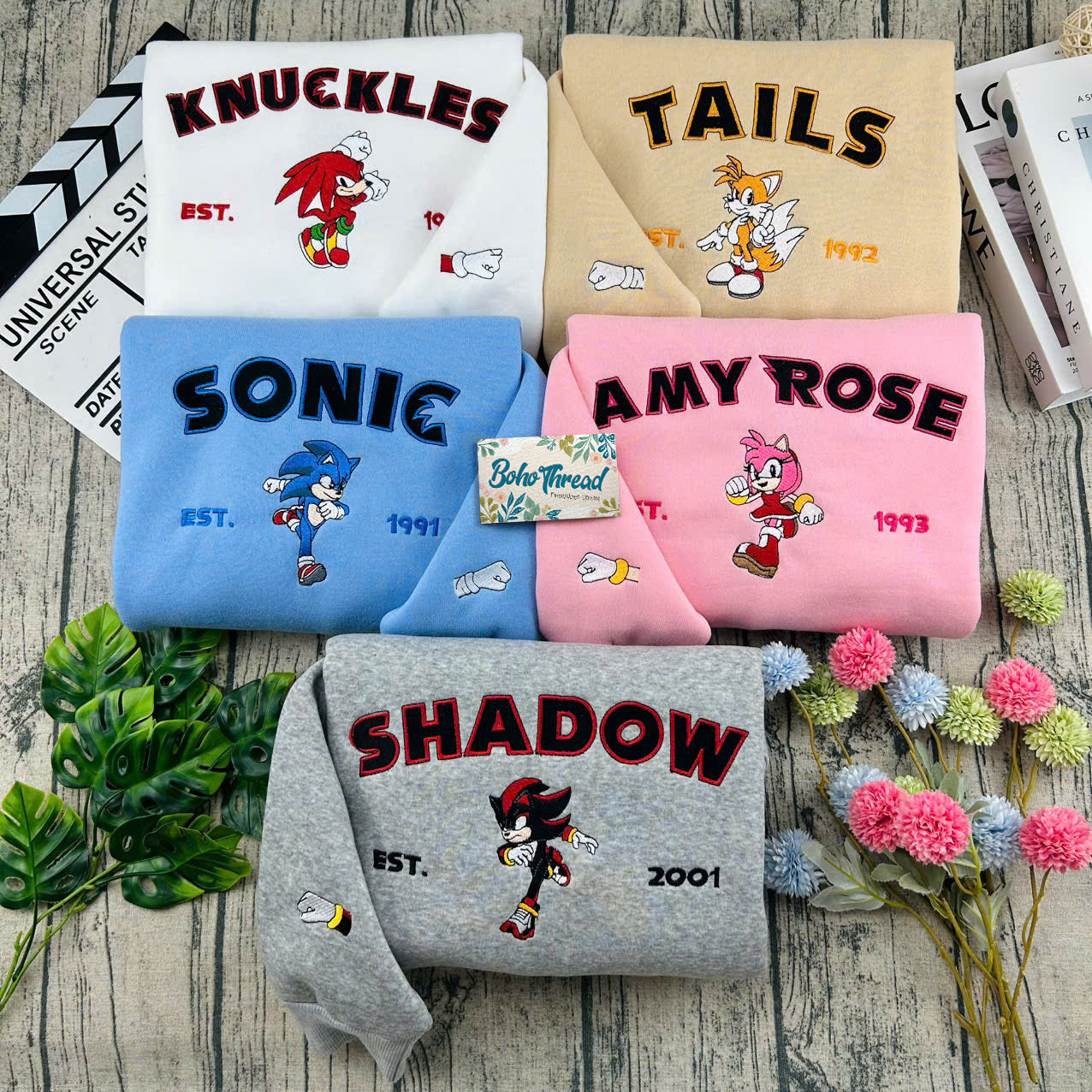 Game Inspired Embroidered Sweatshirt, Hoodie, T-Shirt – Sonic, Knuckles, Tails, Amy Rose & Shadow Gift