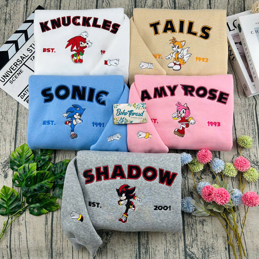 Game Inspired Embroidered Sweatshirt, Hoodie, T-Shirt – Sonic, Knuckles, Tails, Amy Rose & Shadow Gift