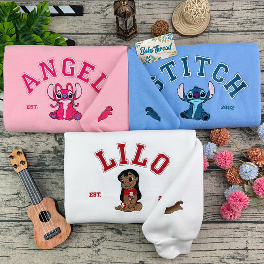 Disney Inspired Embroidered Sweatshirt, Hoodie, T-Shirt – Lilo, Stitch & Angel Design Gift