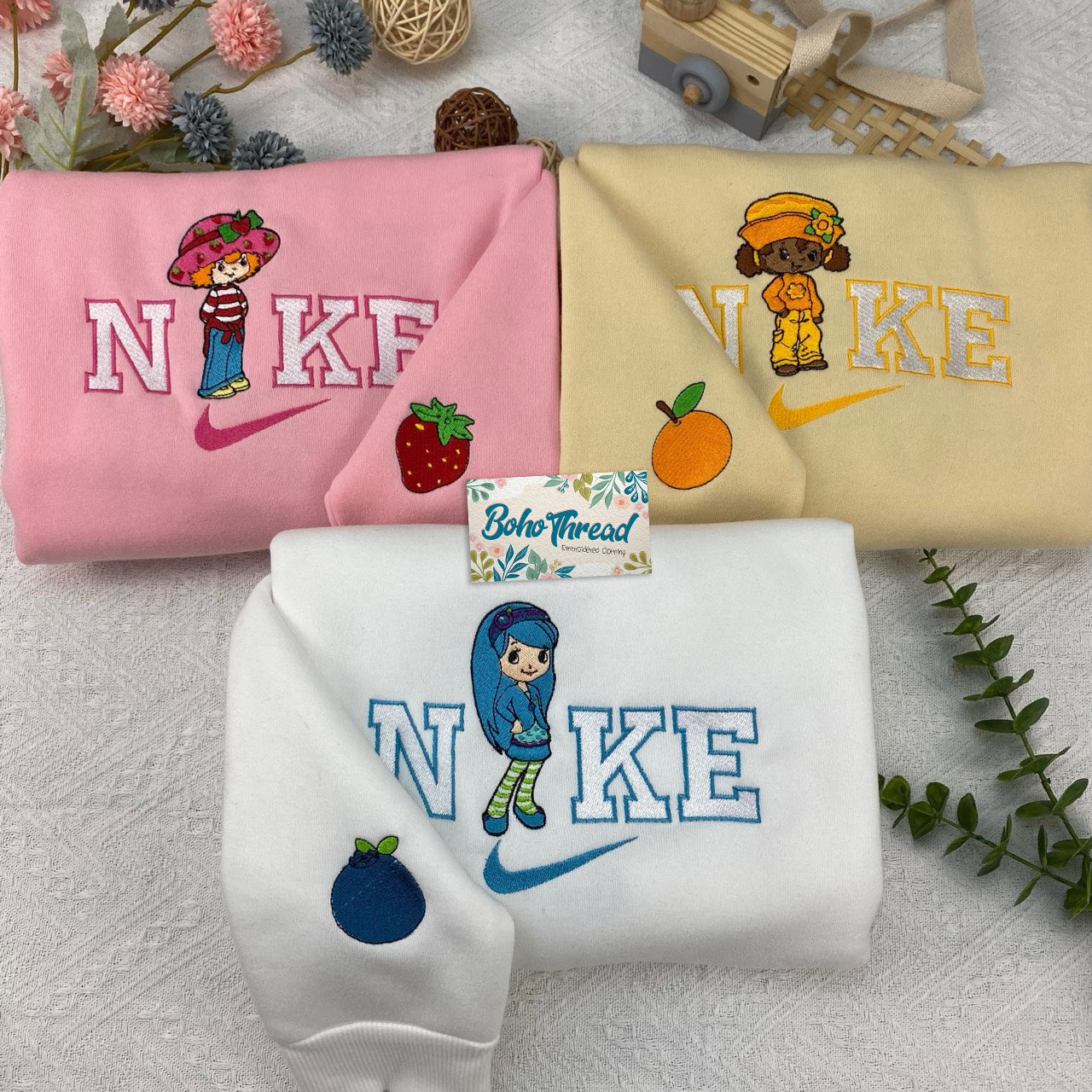 Cartoon Inspired Embroidered Sweatshirt, Hoodie, T-Shirt – Strawberry Shortcake & Friends Fruit Design Gift