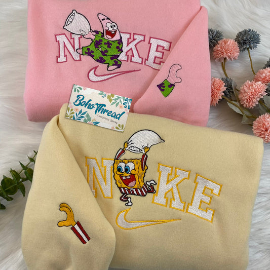 Cartoon Inspired Embroidered Sweatshirt, Hoodie, T-Shirt – SpongeBob & Patrick Pillow Fight Cute Gift