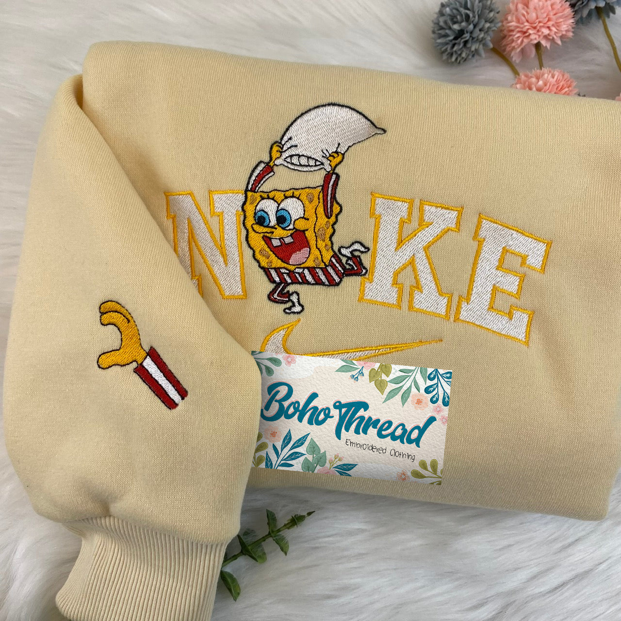 Cartoon Inspired Embroidered Sweatshirt, Hoodie, T-Shirt – SpongeBob & Patrick Pillow Fight Cute Gift