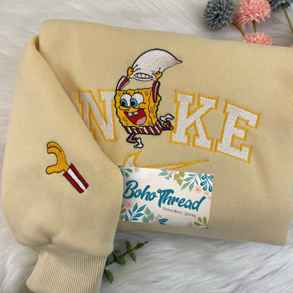 Cartoon Inspired Embroidered Sweatshirt, Hoodie, T-Shirt – SpongeBob & Patrick Pillow Fight Cute Gift