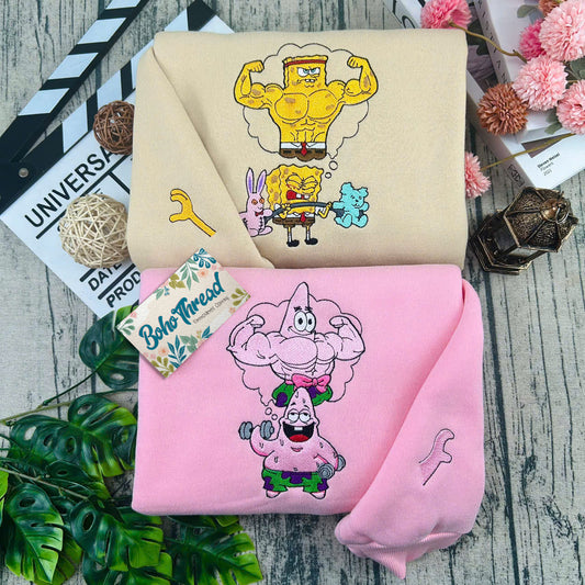 Cartoon Inspired Embroidered Sweatshirt, Hoodie, T-Shirt – SpongeBob & Patrick Gym Funny Design Gift