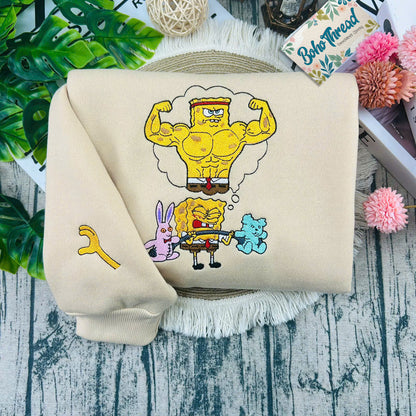 Cartoon Inspired Embroidered Sweatshirt, Hoodie, T-Shirt – SpongeBob & Patrick Gym Funny Design Gift
