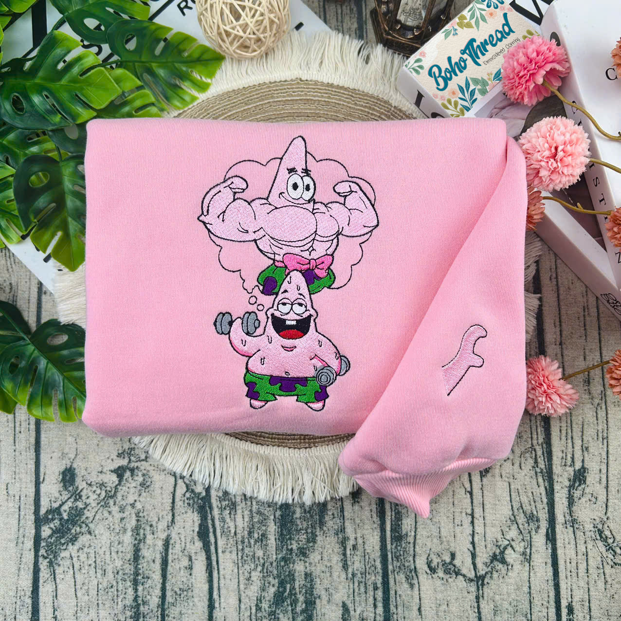 Cartoon Inspired Embroidered Sweatshirt, Hoodie, T-Shirt – SpongeBob & Patrick Gym Funny Design Gift