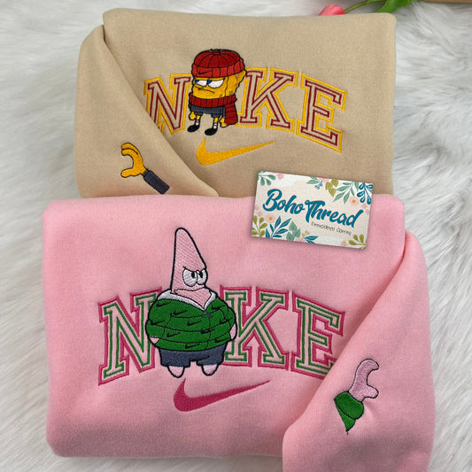 Cartoon Inspired Embroidered Sweatshirt, Hoodie, T-Shirt – SpongeBob & Patrick Funny Design Gift
