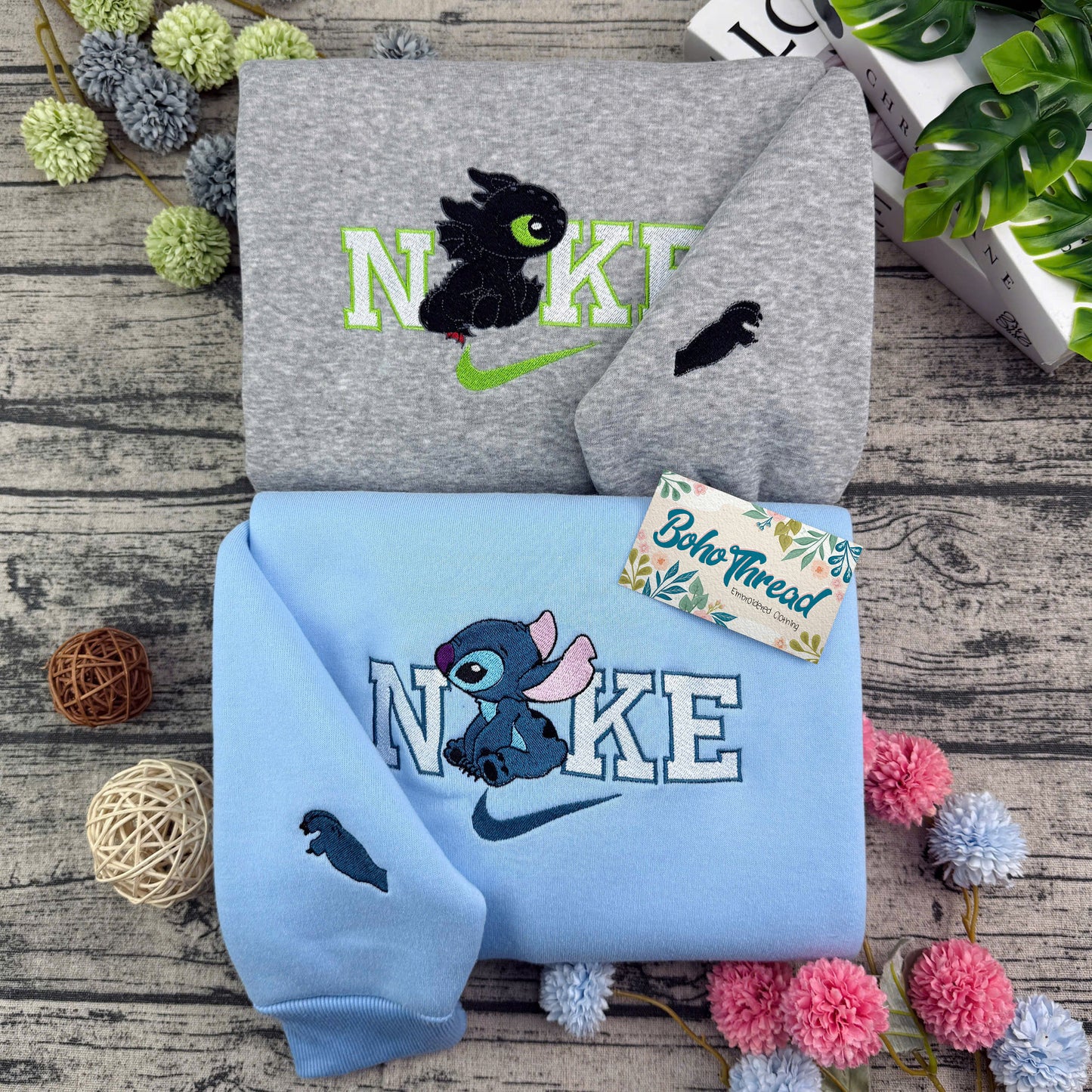 Disney Inspired Embroidered Sweatshirt, Hoodie, T-Shirt – Stitch & Toothless Cute Design Gift