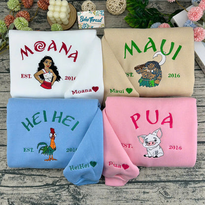 Disney Inspired Embroidered Sweatshirt, Hoodie, T-Shirt – Moana, Maui, Heihei & Pua Character Gift