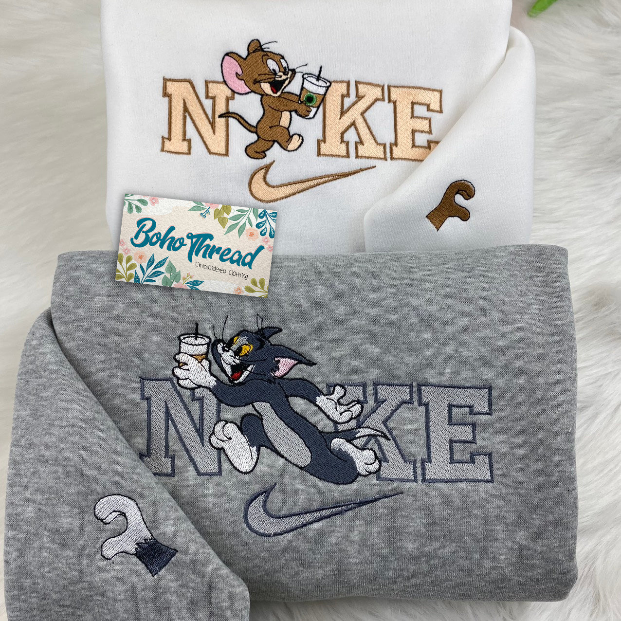 Personalized Embroidered Sweatshirt, Hoodie, T-Shirt – Tom & Jerry Cartoon Couple Design Gift