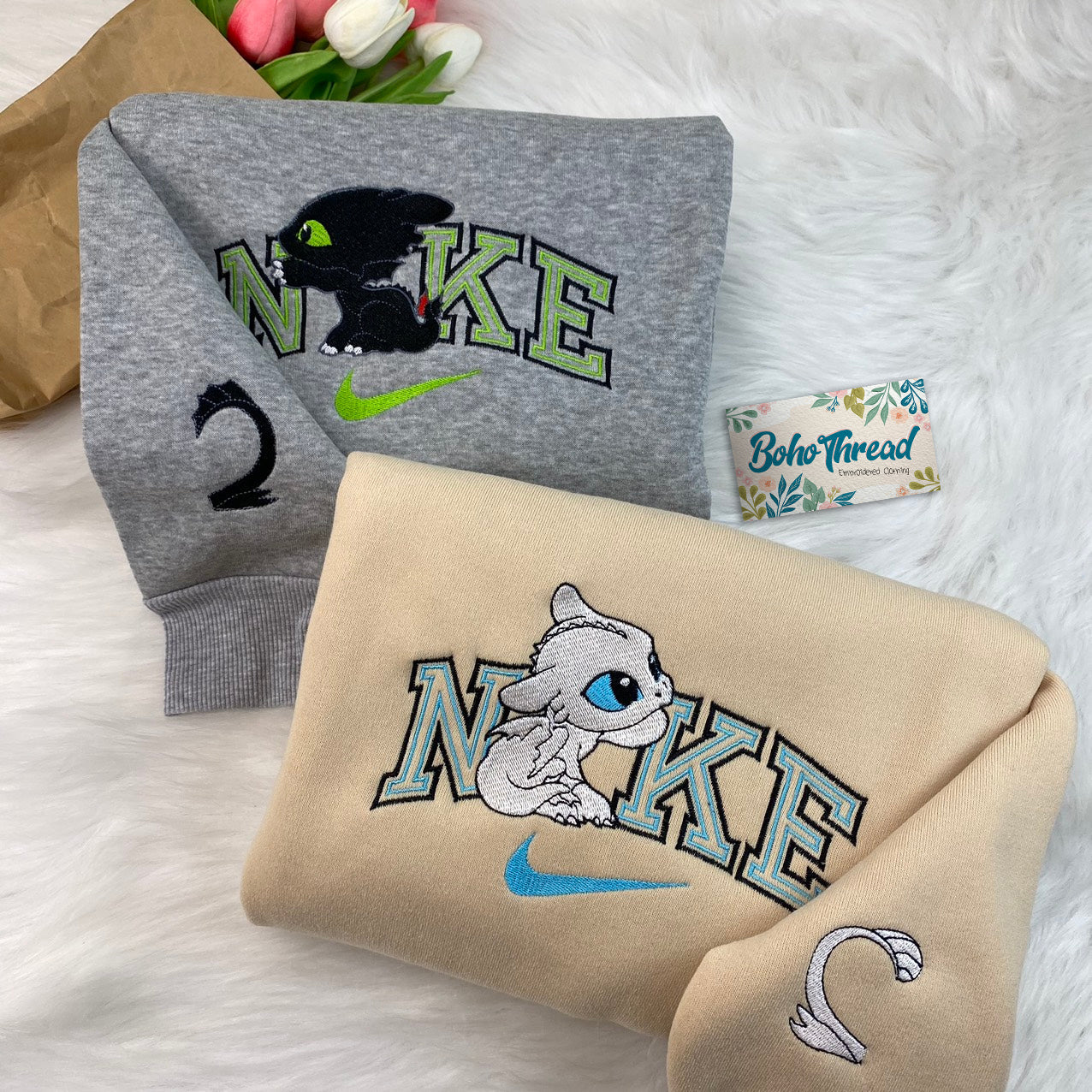 Personalized Embroidered Sweatshirt, Hoodie, T-Shirt – Toothless & Light Fury Dragon Couple Gift