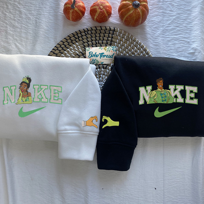 Disney Inspired Personalized Embroidered Sweatshirt, Hoodie, T-Shirt – Tiana & Naveen Fairycore Aesthetic Couple Gift