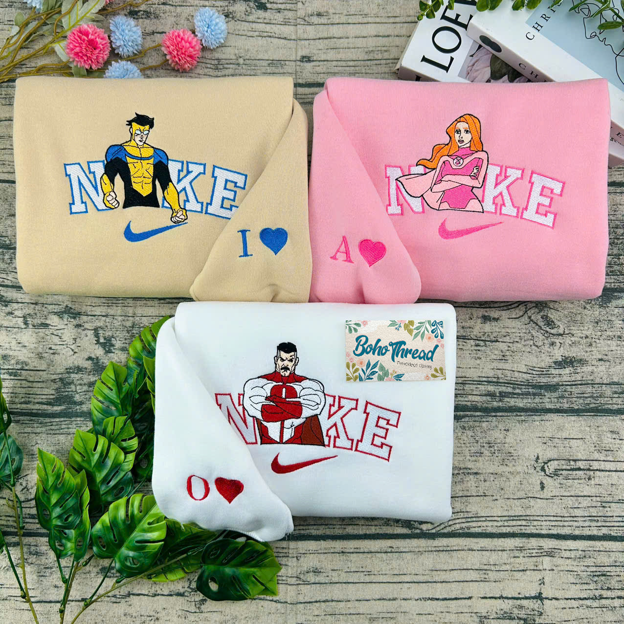 Personalized Superhero Embroidered Sweatshirt, Hoodie, T-Shirt – Invincible, Atom Eve & Omni-Man Design Gift